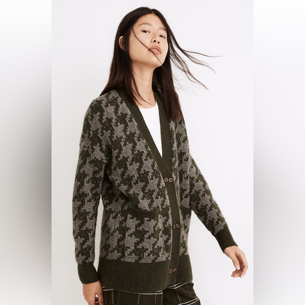Madewell Olive and Gray Houndstooth Cardigan